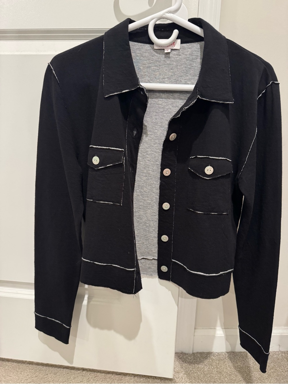 Goldie Black/ Grey Button-Front Cotton Jacket with Contrast Stitching